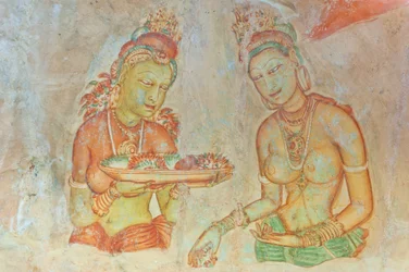 Affresco; donna a seno nudo con fiori; Apsaras; Sito Patrimonio dell