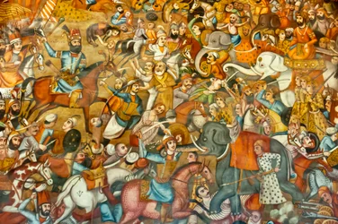 Affresco; battaglia di Nadir Shah nella Battaglia di Karnal; 1739; a cavallo; contro il Sultano Mohammed Shah Gurkani su un elefante bianco; Chehel Sotoun; Palazzo delle Quaranta Colonne; Isfahan; Iran; Asia