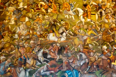 Affresco; battaglia di Chaldiran contro il sultano ottomano Selim I; 1514; Chehel Sotoun; Palazzo delle Quaranta Colonne; Isfahan; Iran; Asia