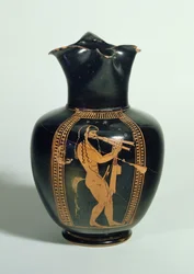 Oinochoe, decorato con satiro che suona flauti doppi, figura rossa attica, Atene, greco, 520 a.C.