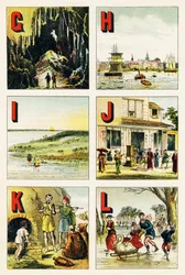 G H I J K L : grotta, Amburgo, isola, Giappone, Cabilia, lago - Incisione tratta da Alfabeto geografico. Guerin-Muller et Cie, editori, Parigi