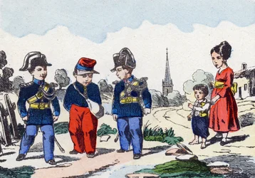 Gendarmi. Incisione in "Alphabet militaire enfantin". Immagini di Pont-a-Mousson, circa 1890. 20 pagine.