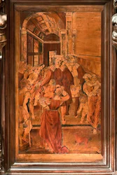 Genova, Duomo (Cattedrale di San Lorenzo), interno, presbiterio, abside, coro, lato nord: "La Carità di San Lorenzo", intarsio in legno di Gian Michele De