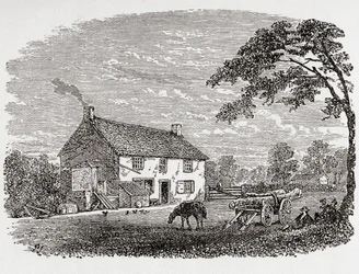 Luogo di nascita di George Stephenson. Un cottage in pietra del XVIII secolo, casa di George Stephenson, Wylam, Northumberland, Inghilterra, visto qui nel XIX secolo. Da Great Engineers, pubblicato c.1890