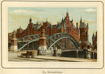 Germania, Amburgo, il "Brooksbruecke" (ponte Brooks) e sullo sfondo i magazzini del porto, chiamati "Speicherstadt", c.1890