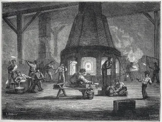 Produzione del vetro nella seconda metà del XIX secolo: bambini al lavoro, c. 1880 (incisione)