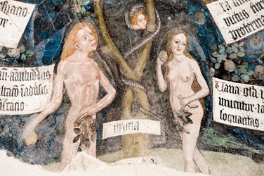 Affresco gotico; Adamo ed Eva che peccano; con il serpente; 8. chiostro; Cattedrale; Bressanone; Alto Adige; Italia; Europa