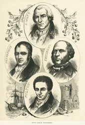 Grandi ingegneri e inventori: James Watt, John Ericsson, Robert Fulton, Richard Trevithick, ca. 1880