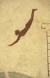 Arte greca: Affresco della Tomba del Tuffatore, Paestum, Regione della Campania, Italia. Tomba del Tuffatore, murale, parco archeologico di Paestum, Campania, Italia