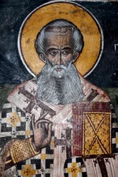 Cristianesimo ortodosso greco; antichi affreschi bizantini; murale del Vescovo Nicola; Chiesa di Agios Nikolaos a Petra; Lesbo; Mar Egeo; Grecia; Europa