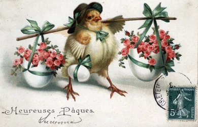 Cartolina di auguri per Pasqua: un pulcino che trasporta uova piene di rose - Cartolina datata 1908