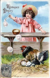 Cartolina di auguri per Pasqua: una gallina che copre le sue uova guarda curiosamente le bolle di sapone fatte da una bambina - Cartolina datata 1900-1909