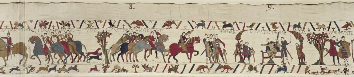 Guy di Ponthieu prende Harold prigioniero e lo porta al castello di Beaurain, Arazzo di Bayeux