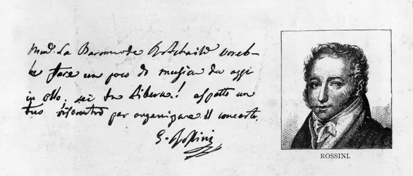 Scrittura e firma di Rossini da una lettera per organizzare un concerto per la Baronne de Rothschild