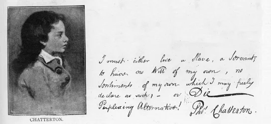 Grafia e firma di Thomas Chatterton da una lettera scritta a William Barrett in risposta alle rimostranze di Barrett contro l