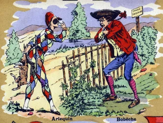 Arlecchino e Bobeche. Alfabeto illustrato. Immagini riunite a Jarville-Nancy, inizio XX secolo. Dim: 40 x 29 cm. Litografia su sfondo bistro