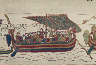 Le navi di Harold sono spinte nel territorio del Conte Guy di Ponthieu, Arazzo di Bayeux