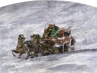 Storia dei coloni e della conquista del West: pionieri americani. Diligenza in un prato durante una bufera di neve
