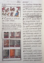 Huipil, indumento femminile indossato dalla nobiltà con bluse ricamate, Libro VIII del Codice Fiorentino, Storia generale delle cose della Nuova Spagna, del missionario spagnolo Fray Bernardino de Sahagún. Civiltà azteca
