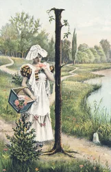 I : Una donna in piedi con un abito, grembiule e copricapo tiene un cesto sul braccio destro. Ambiente campestre - Alfabeto personaggi Rif Th. E., L. Theochrom - Serie 994. Theodor Eisman, editore, Lipsia