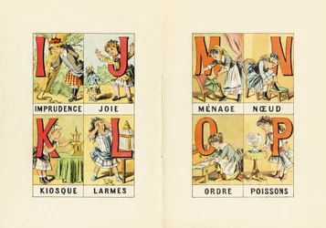 I : imprudenza ; J : gioia ; K : chiosco ; L : lacrime ; M N O P : ménage, nodo, ordine, pesci - Gravura tratta da ABCD delle bambine. Pellerin & Cie, stampatore-editore, Epinal, circa 1890. Serie A