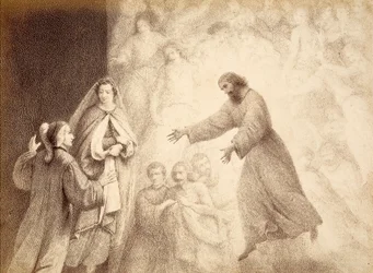 Nella Sfera di Marte, Dante incontra lo spirito del suo antenato Cacciaguida. Illustrazione del Canto XV del Paradiso della Divina Commedia di Dante Alighieri. Opera di Francesco Scaramuzza dedicata al Comune di Firenze.