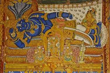India, Tamil Nadu, Srirangam, Tempio Indù di Sri Ranganathasvami (orig 10° secolo), dipinto murale di Vishnu