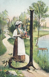 J : Una donna in piedi con una gonna lunga, grembiule e corpetto porta un cesto di fiori. Ambiente campestre - Alfabeto personaggi Rif Th. E., L. Theochrom - Serie 994. Theodor Eisman, editore, Lipsia
