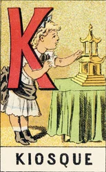 K : Chiosco - Gravura tratta da ABCD delle bambine. Pellerin & Cie, stampatore-editore, Epinal, circa 1890. Serie A