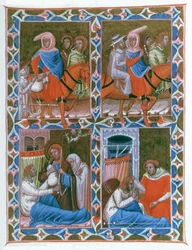 Cavaliere da Lione a Compostela, prende una vecchia e un malato. Cristo poi San Giacomo appare al cavaliere morente