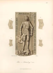 Cavaliere in armatura del XV secolo, con dettagli delle legature su ginocchia e gomiti - Lapide di Peter von Stettenberg, morto nel 1441 - Cromolitografia, disegno di Jakob Heinrich von Hefner-Alteneck per il suo libro “Costumi, mestieri e strumenti