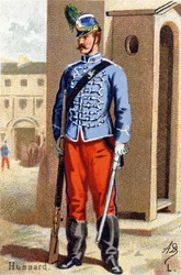 L: Ussaro. Incisione in "Alfabeto Militare". Cromolitografie fine XIX secolo
