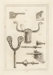 Appoggio per lancia 1,2,3, appoggio per moschetto 4,5, coronel o corona di una lancia da giostra 6, manico di una lancia da giostra con protezione per la mano 7, e lancia da giostra senza protezione per la mano 8