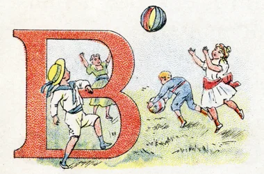 Lettera B Pallone. Alfabeto di Phosphatine Falières. Incisione. Brevettato alfabeto S.G.D.G. dal farmacista Pierre Emile Falières. Illustrazioni in cromolitografia, fine XIX secolo. 16 pagine. Dim: 103x154mm