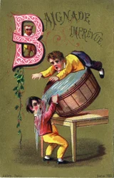 Lettera B: Bagno improvvisato. Incisione in "Alphabet des grotesques". Serie di 25 cromolitografie pubblicitarie su sfondo dorato, fine XIX secolo.