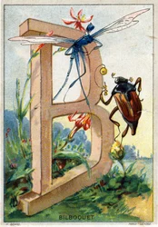 Lettera B come Bilboquet. Alfabeto artistico di Mr. Marinier. Edito da Henry Sicard, fine XIX secolo. Cromolitografie pubblicitarie per prodotti venduti in farmacia. Dim: 12,5 x 9 cm