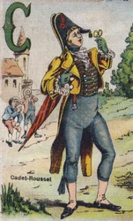 Lettera C: Cadet Roussel. Album drolatico. Serie numero 4 in Albums-chromo su tela. Cromolitografie su tessuto. Imagerie Marcel Vagne, Jarville-Nancy, inizio XX secolo. Dim: 25x17,5cm