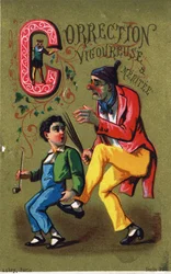 Lettera C: Correzione forte e meritata. Incisione in "Alphabet des grotesques". Serie di 25 cromolitografie pubblicitarie su sfondo dorato, fine XIX secolo.