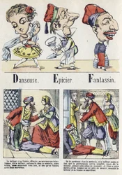Lettere D, E e F: ballerino, droghiere e fanteria. Alfabeto del Racconto Orientale. Immagini di Epinal, circa 1890. Serie popolare. Piccolo opuscolo di 8 pagine.