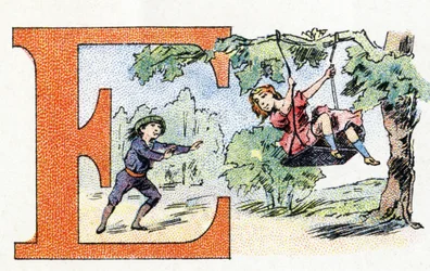 Lettera E: altalena. Alfabeto di Phosphatine Falières. Incisione. Brevettato alfabeto S.G.D.G. dal farmacista Pierre Emile Falières. Illustrazioni in cromolitografia, fine XIX secolo. 16 pagine. Dim: 103x154mm