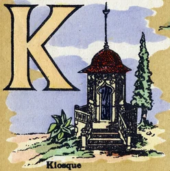 Lettera K come chiosco. Alfabeto illustrato. Imagerie riunite a Jarville-Nancy, inizio XX secolo. Dim: 40 x 29 cm. Litografia su sfondo bistro