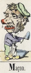 Lettera M: Muratore. Alfabeto del racconto orientale. Immagine di Épinal, circa 1890. Serie popolare. Piccolo libretto di 8 pagine. Dimensioni: 205 x 150 mm. Xilografie stencil sul tema dei mestieri