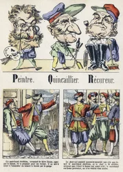 Lettere P, Q e R: pittore, ferramenta e recuperatore. Alfabeto del Racconto Orientale. Immagini di Epinal, circa 1890. Serie popolare. Piccolo opuscolo di 8 pagine.