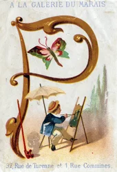 Lettera P: pittore, farfalla, parasole, pipa. Alfabeto Art Nouveau: Serie di 25 cromolitografie pubblicitarie. Litografia di Alfred Clarey, fine XIX secolo. Dim 115x75mm