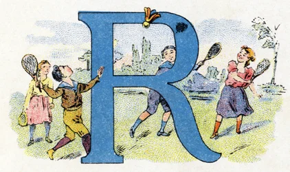 Lettera R: Racchetta volante. Alfabeto di Phosphatine Falieres. Incisione. Brevete alphabet S.G.D.G. del farmacista Pierre Emile Falieres. Illustrazioni in cromolitografia, fine XIX secolo. 16 pagine.