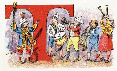 Lettera T: Tromba e tamburo. Alfabeto di Phosphatine Falieres. Incisione. Alfabeto brevettato S.G.D.G. dal farmacista Pierre Emile Falieres. Illustrazioni in cromolitografia, fine XIX secolo. 16 pagine. Dim: 103x154mm
