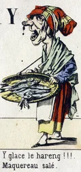 Lettera Y: "ghiacci il pesce!!! Sporco sgombro". Alfabeto "Divertimento dei bambini". Immagini di Epinal, circa 1890. Serie popolare. Piccolo opuscolo di 8 pagine.