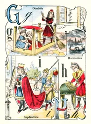 Lettere G, I e H. Bambini che giocano a gondola, imperatrice e armonica. Incisione in "Alfabeto Divertente". Immagini di Pont-a-Mousson. Stampa e pubblicazione Louis Vagne, fine del XIX secolo