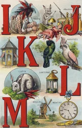 Lettere I J K L; Indiano; Giocattoli; Cacatua; Chiosco; Lanterna; Coniglio; Orologio; Mulino. Incisione in "Alphabet de ma petite fille". Bernardin-Bechet e Fils, librai-editori, Parigi, circa 1895. Album infrangibile su tela. Bibliothèque des Bebes.