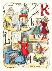 Lettere J K e L come giornale, caleidoscopio e lezione di canto. Incisione in "Alfabeto Divertente". Immagini di Pont-a-Mousson. Stampa e pubblicazione Louis Vagne, fine del XIX secolo
